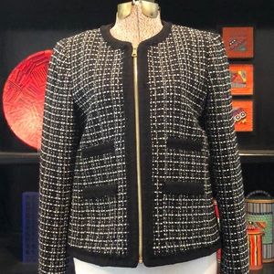 Black and White Tweed Front Zip Jacket By Ann Taylor